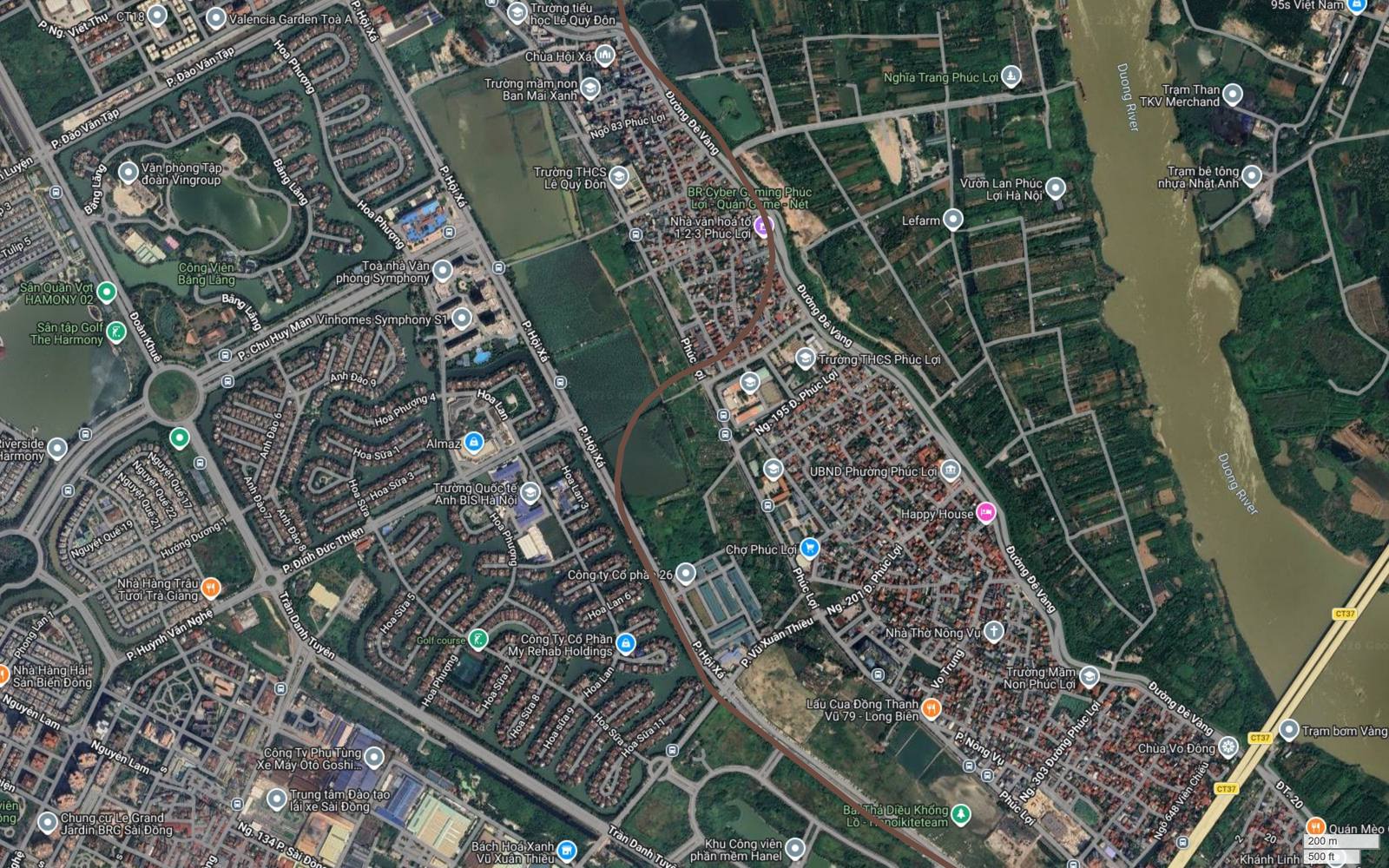 Ảnh vệ tinh tuyến metro số 7 đi qua Phúc Lợi và rìa các khu biệt thự Vinhomes Riverside, Vinhomes Symphony ở Long Biên, gần sông Đuống